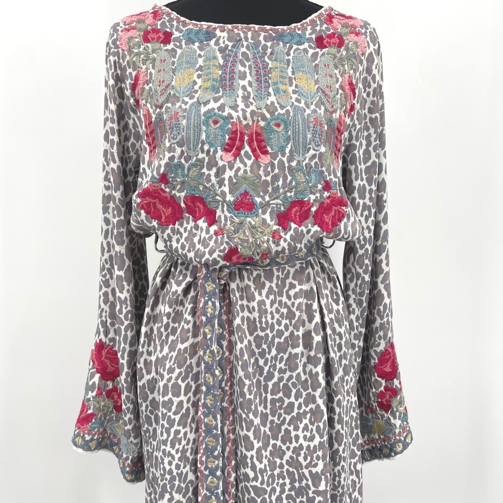 Biya Johnny Was Dress Womens S Gray Leopard Floral Rayon Embroidered Boho Tunic - Picture 10 of 16